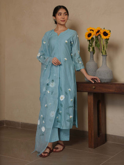 Janica Sky Chanderi Hand Paint Kurta and Pant with Dupatta (Set of 3)