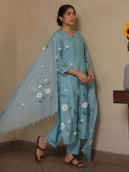 Janica Sky Chanderi Hand Paint Kurta and Pant with Dupatta (Set of 3)