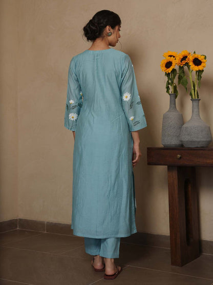 Janica Sky Chanderi Hand Paint Kurta and Pant with Dupatta (Set of 3)