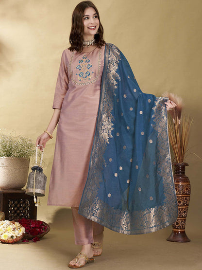 Mauve Floral Yoke Design Thread Work Straight Kurta With Trousers & Dupatta