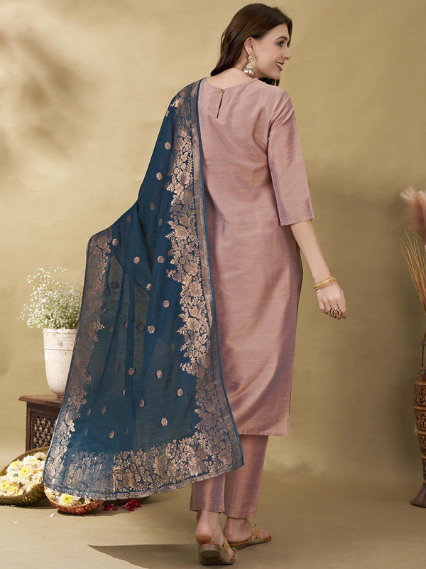 Mauve Floral Yoke Design Thread Work Straight Kurta With Trousers & Dupatta