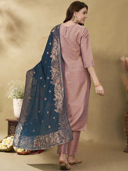 Mauve Floral Yoke Design Thread Work Straight Kurta With Trousers & Dupatta