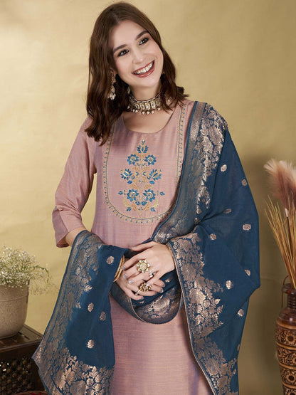 Mauve Floral Yoke Design Thread Work Straight Kurta With Trousers & Dupatta