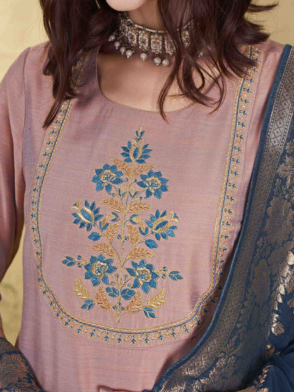 Mauve Floral Yoke Design Thread Work Straight Kurta With Trousers & Dupatta