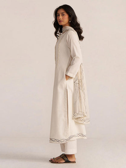 Off-White Cotton Woven Kurta with Palazzo & Dupatta (Set of 3)