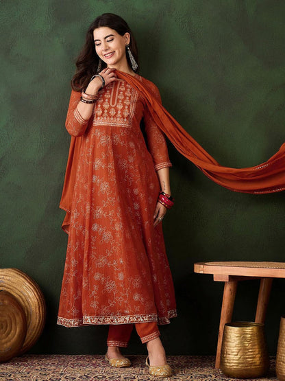 Rust Milky Georgette Zari Sequence Embroidery Kurta with Pant and Dupatta (Set of 3)