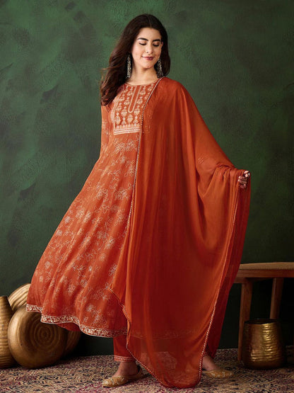 Rust Milky Georgette Zari Sequence Embroidery Kurta with Pant and Dupatta (Set of 3)