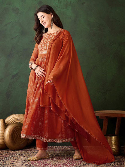 Rust Milky Georgette Zari Sequence Embroidery Kurta with Pant and Dupatta (Set of 3)
