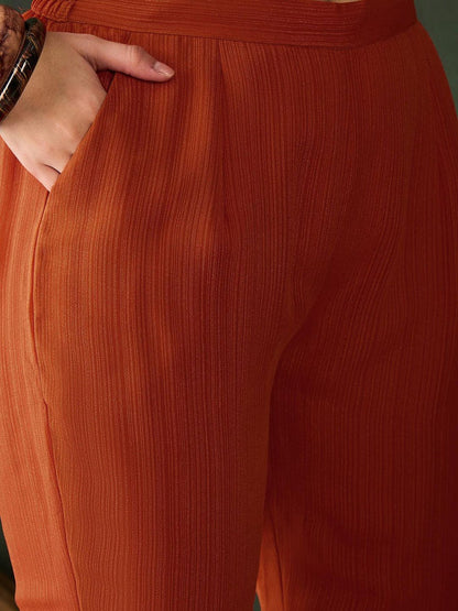 Rust Milky Georgette Zari Sequence Embroidery Kurta with Pant and Dupatta (Set of 3)