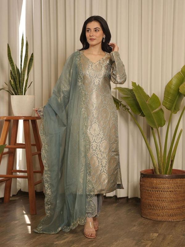Grey Brocade Floral Kurta with Pant & Dupatta (Set of 3)
