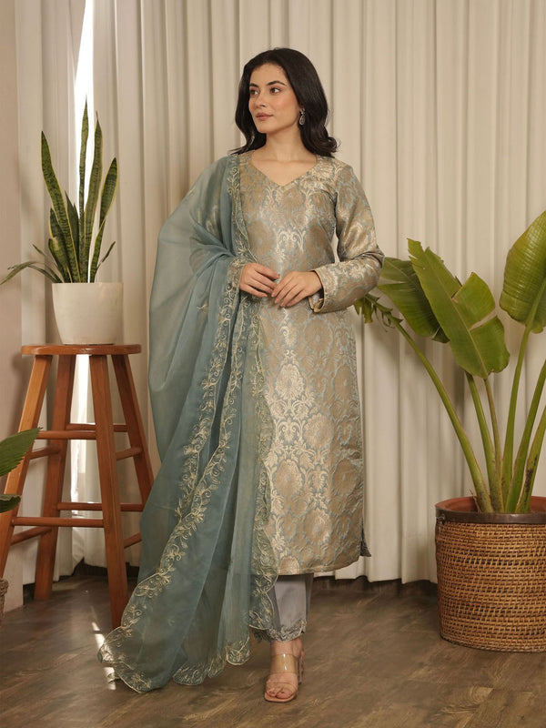 Grey Brocade Floral Kurta with Pant & Dupatta (Set of 3)