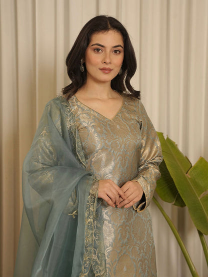 Grey Brocade Floral Kurta with Pant & Dupatta (Set of 3)