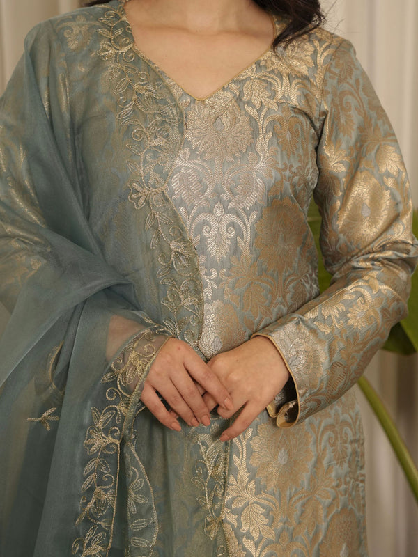 Grey Brocade Floral Kurta with Pant & Dupatta (Set of 3)