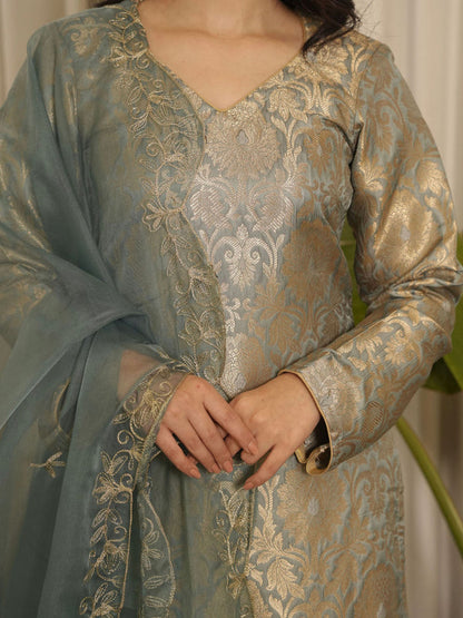 Grey Brocade Floral Kurta with Pant & Dupatta (Set of 3)