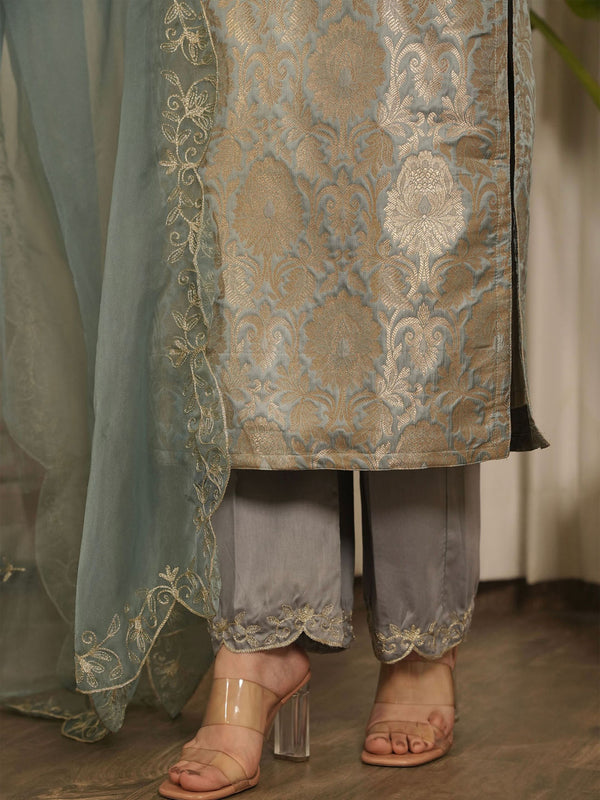 Grey Brocade Floral Kurta with Pant & Dupatta (Set of 3)