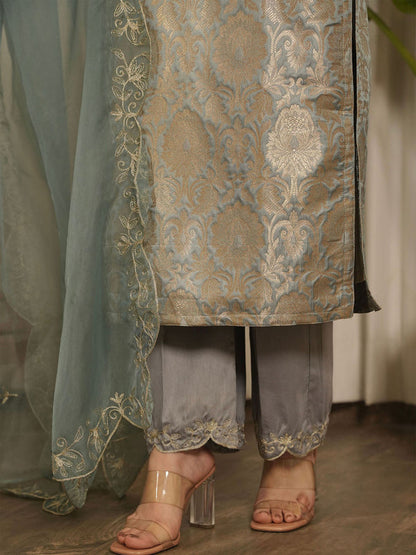 Grey Brocade Floral Kurta with Pant & Dupatta (Set of 3)