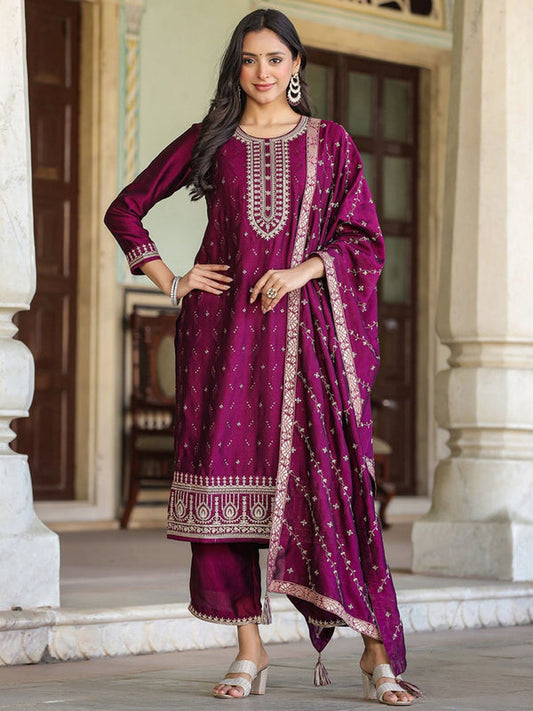 Women Burgundy Silk Blend Ethnic Motifs Embroidered Kurta Pant with Dupatta (Set of 3)