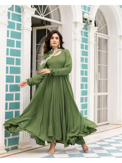 Cadmium Green Anarkali Kurta With Pants And Dupatta (Set of 3)