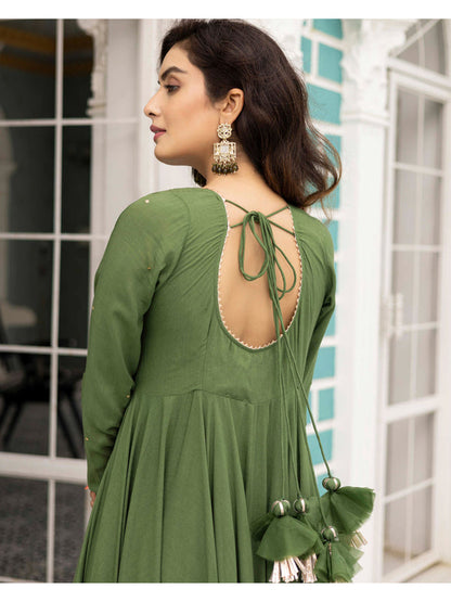 Cadmium Green Anarkali Kurta With Pants And Dupatta (Set of 3)