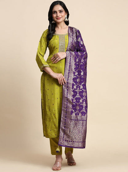 Ethnic Motifs Woven Design Sequinned Pure Silk Kurta With Trousers & Dupatta