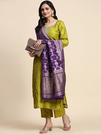 Ethnic Motifs Woven Design Sequinned Pure Silk Kurta With Trousers & Dupatta