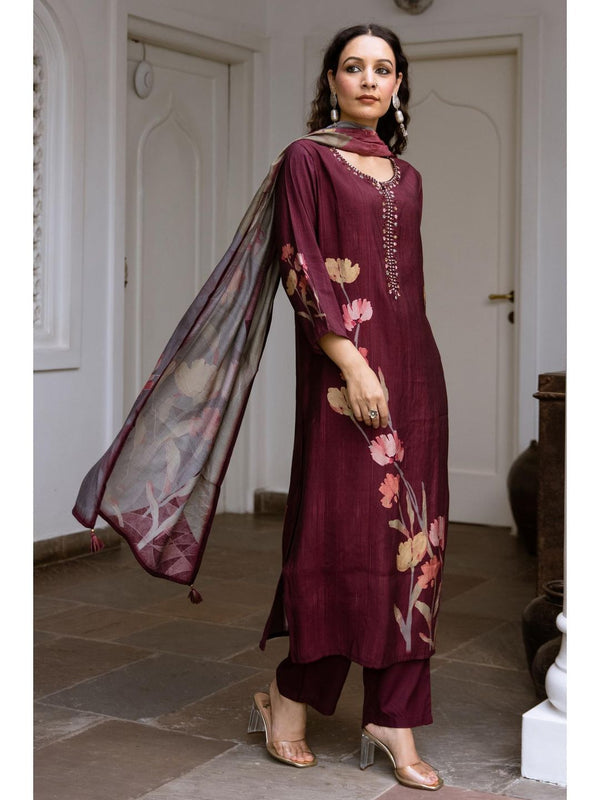 Women Brown Viscose Muslin Kurta with Pant and Dupatta (Set of 3)