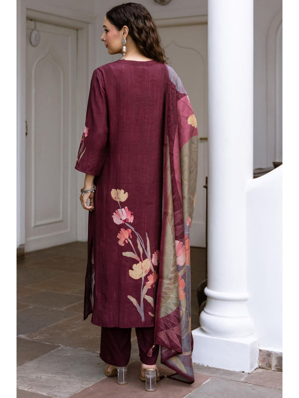 Women Brown Viscose Muslin Kurta with Pant and Dupatta (Set of 3)