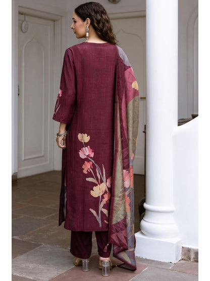 Women Brown Viscose Muslin Kurta with Pant and Dupatta (Set of 3)