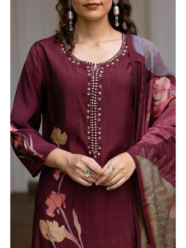 Women Brown Viscose Muslin Kurta with Pant and Dupatta (Set of 3)