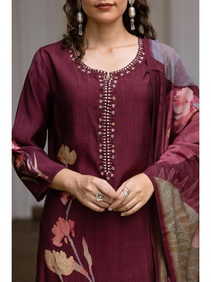 Women Brown Viscose Muslin Kurta with Pant and Dupatta (Set of 3)