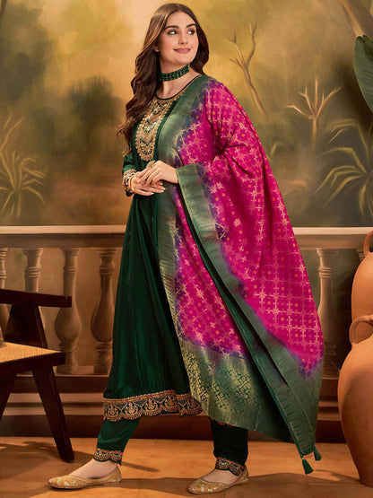 Green Silk Blend Zari Sequence Embroidered Kurta Pant & Dupatta (Set of 3)