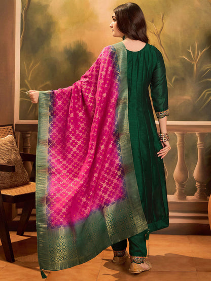 Green Silk Blend Zari Sequence Embroidered Kurta Pant & Dupatta (Set of 3)