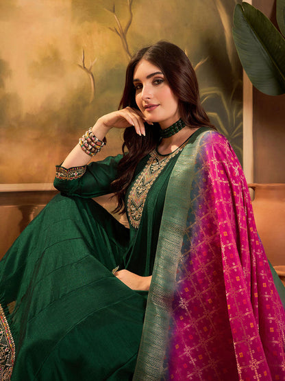 Green Silk Blend Zari Sequence Embroidered Kurta Pant & Dupatta (Set of 3)