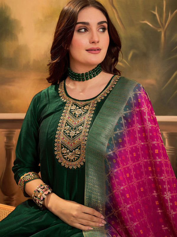 Green Silk Blend Zari Sequence Embroidered Kurta Pant & Dupatta (Set of 3)