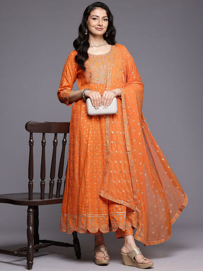 Orange Thread and Zari Embroidered Anarkali Kurta Pant with Dupatta (Set of 3)
