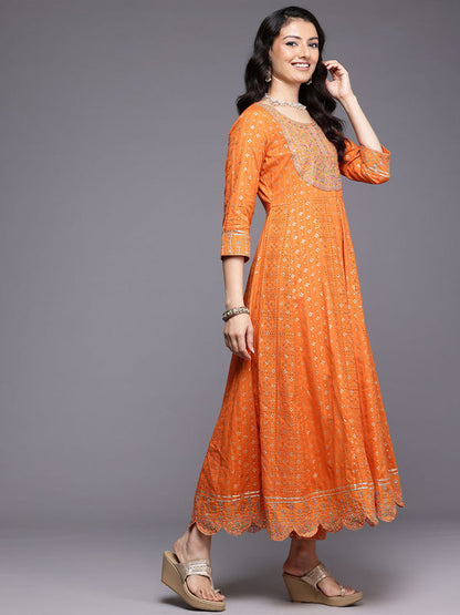 Orange Thread and Zari Embroidered Anarkali Kurta Pant with Dupatta (Set of 3)