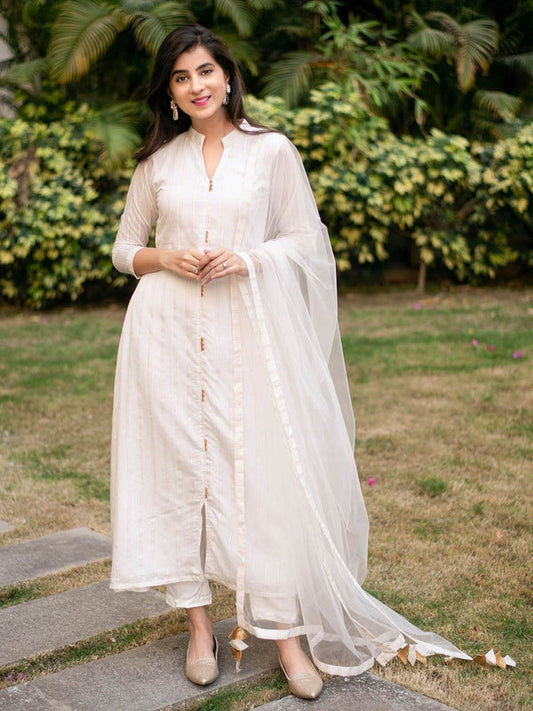 White A-Line Chanderi Kurta With Dupatta (Set Of 2)
