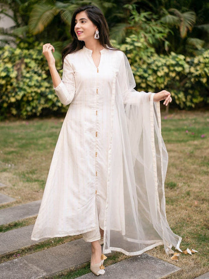 White A-Line Chanderi Kurta With Dupatta (Set Of 2)