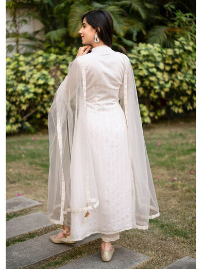 White A-Line Chanderi Kurta With Dupatta (Set Of 2)