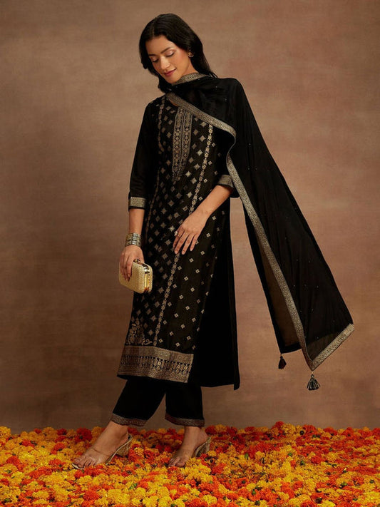 Women Black Silk Blend Woven Kurta with Pant and Dupatta (Set of 3)