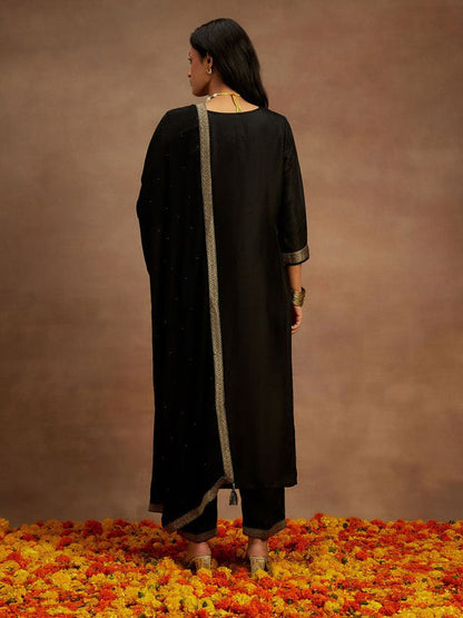 Women Black Silk Blend Woven Kurta with Pant and Dupatta (Set of 3)