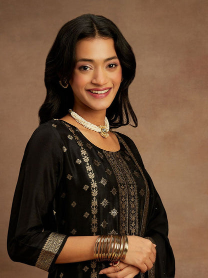 Women Black Silk Blend Woven Kurta with Pant and Dupatta (Set of 3)