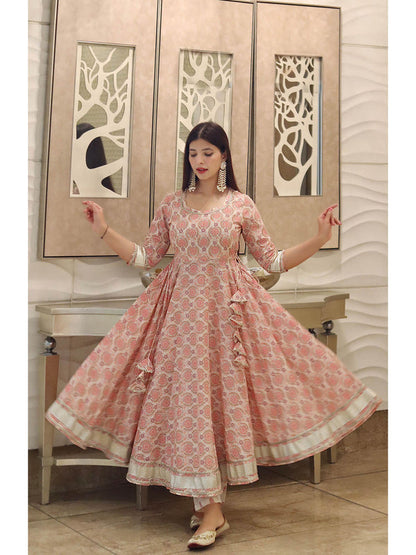 Cream Printed Cotton Gota Patti Anarkali Pant with Dupatta (Set of 3)