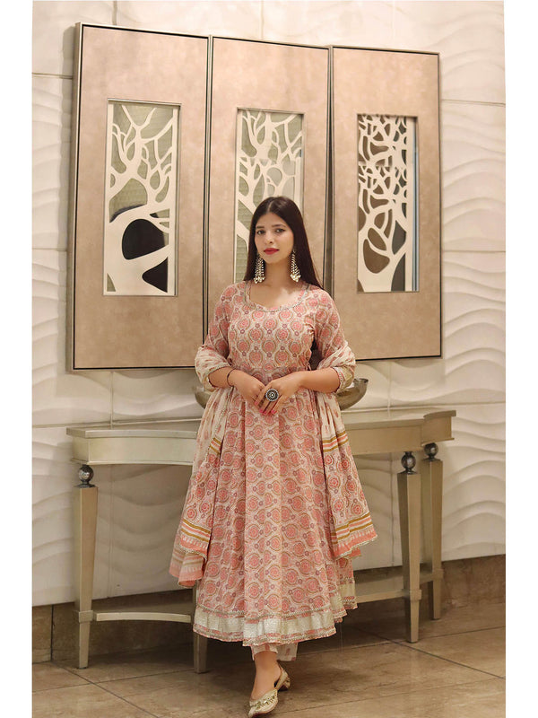 Cream Printed Cotton Gota Patti Anarkali Pant with Dupatta (Set of 3)