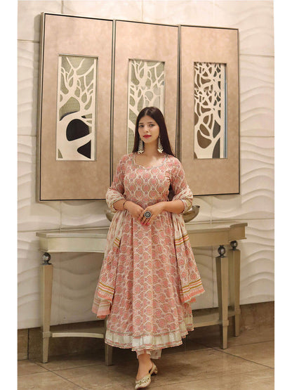 Cream Printed Cotton Gota Patti Anarkali Pant with Dupatta (Set of 3)