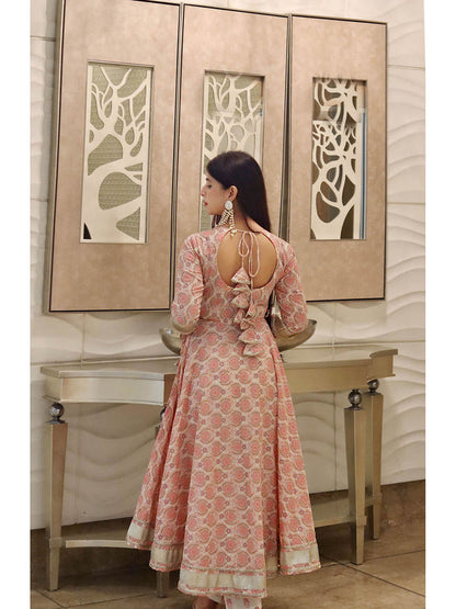 Cream Printed Cotton Gota Patti Anarkali Pant with Dupatta (Set of 3)