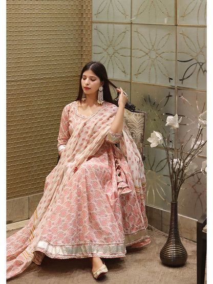 Cream Printed Cotton Gota Patti Anarkali Pant with Dupatta (Set of 3)