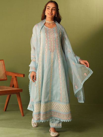 Floral Embroidered Organza A-Line Kurta With Trousers And Dupatta