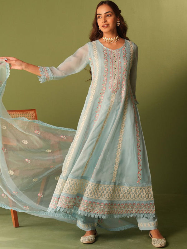Floral Embroidered Organza A-Line Kurta With Trousers And Dupatta