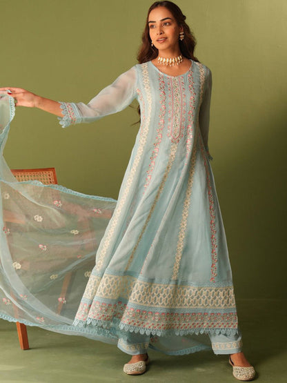 Floral Embroidered Organza A-Line Kurta With Trousers And Dupatta